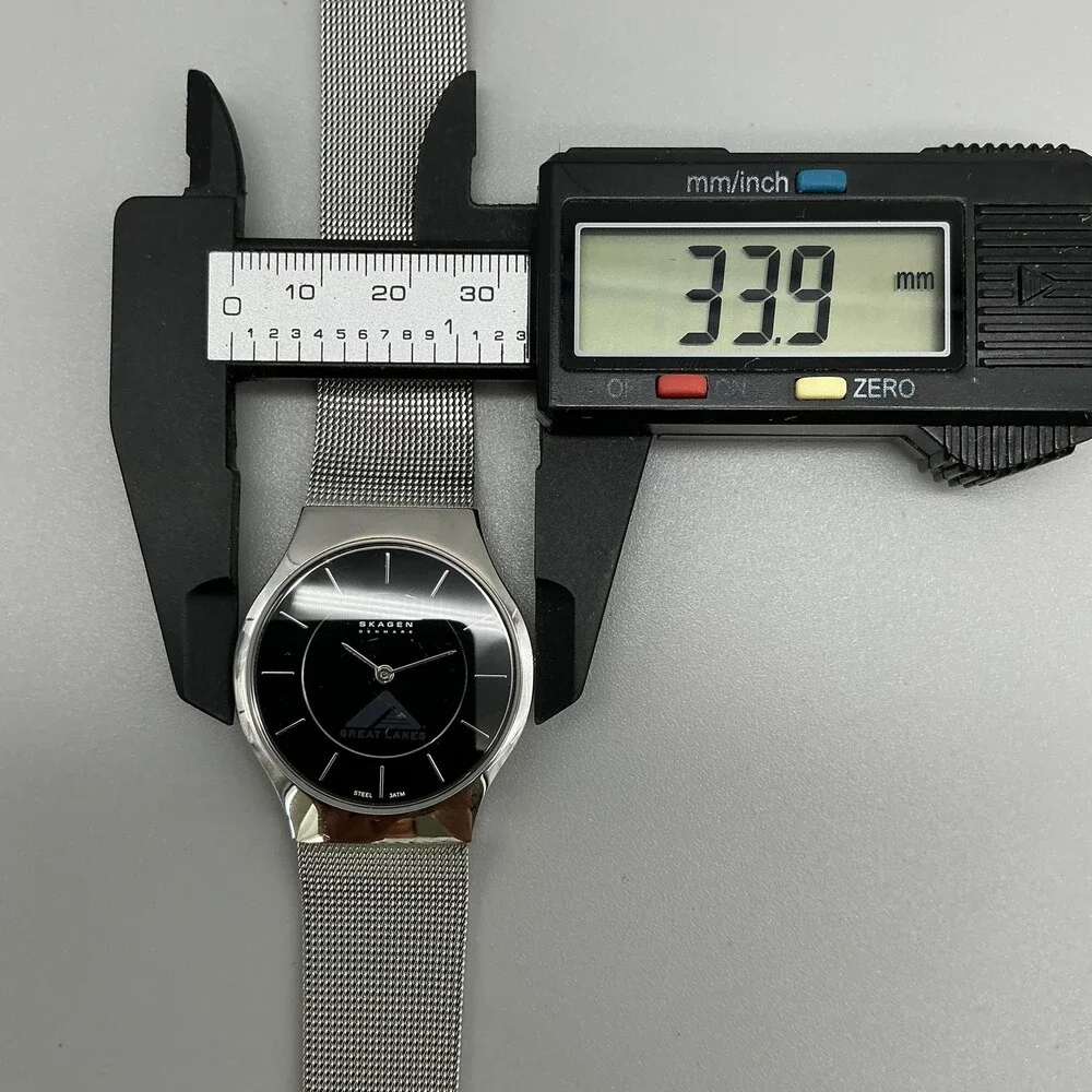 Skagen Mens Watch 34mm Black Dial Great Lakes Logo Mesh Stainless New Battery